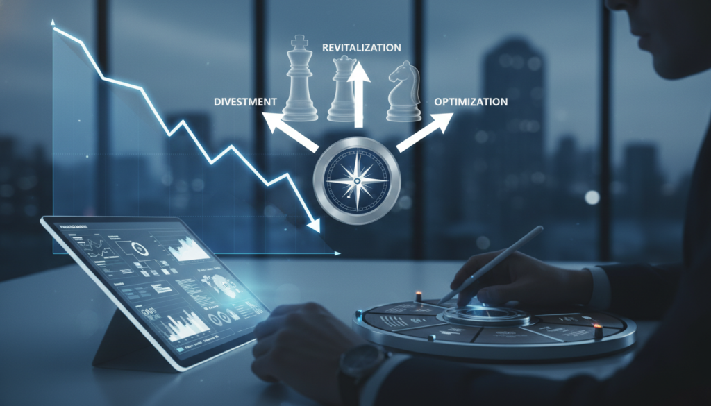 Gráfico de declínio de produto, gestão de portfólio, estratégia de desinvestimento, revitalização de produto, ciclo de vida do produto, Product Manager, ROI, OKRs