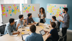 Pessoas colaborando em um teste de usuário, representando o recrutamento sem orçamento para feedback de produto.