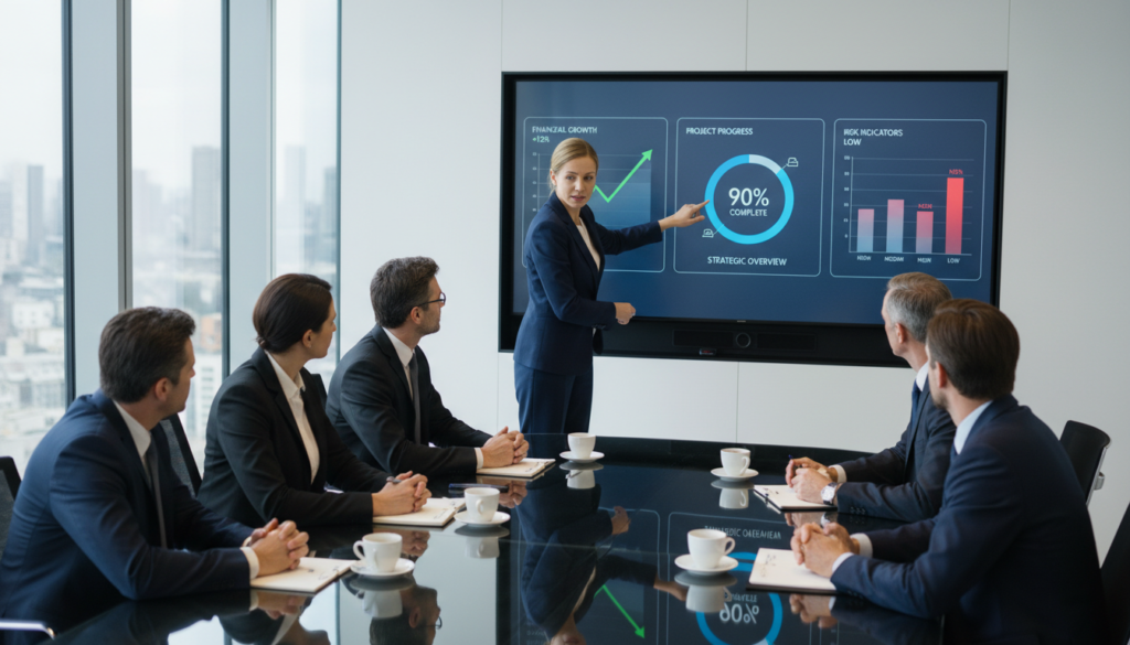 Executivos em reunião analisando dashboard estratégico, status report, tomada de decisão, métricas de negócio