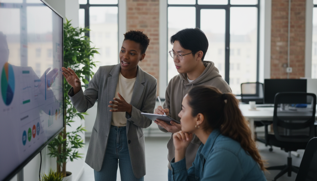 Equipe da Geração Z em reunião dinâmica de gestão de produtos, interagindo com tela grande e tablets.