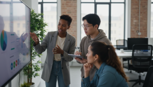 Equipe da Geração Z em reunião dinâmica de gestão de produtos, interagindo com tela grande e tablets.