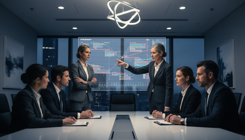 Profissionais negociando escopo de projeto, evitar scope creep, gestão de produto, estratégia empresarial.