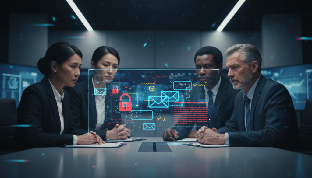 Líderes de negócios avaliando riscos de cibersegurança, Ransomware, Phishing, Gerenciamento de Crises Digitais, Estratégia Corporativa, Proteção de Dados.