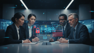 Líderes de negócios avaliando riscos de cibersegurança, Ransomware, Phishing, Gerenciamento de Crises Digitais, Estratégia Corporativa, Proteção de Dados.