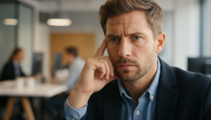 Gestor de projetos sênior pensativo, síndrome do impostor, liderança, estresse no trabalho, ambiente corporativo, gestão de projetos