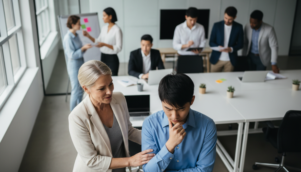 Gestor sênior oferece suporte a funcionário, promovendo saúde mental no trabalho.