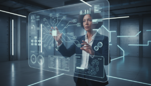 Gestor analisando dados estratégicos em tela holográfica, foco em valor e resultados