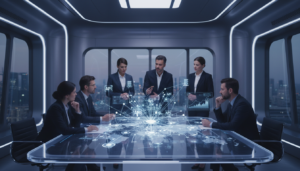 Grupo de gestores de alto nível discutindo estratégia de APIs e integração de sistemas em um ambiente corporativo tecnológico.