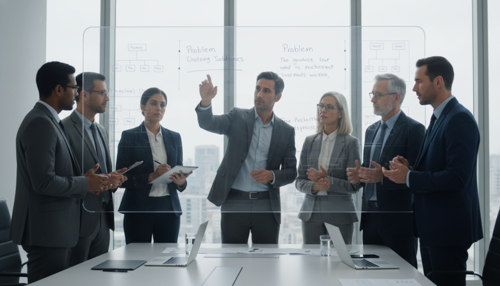 Executivos em reunião identificando problemas de negócio para aplicação de inteligência artificial e estratégias de automação