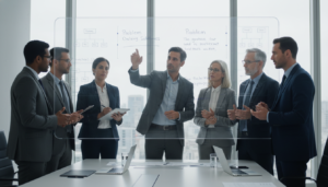 Executivos em reunião identificando problemas de negócio para aplicação de inteligência artificial e estratégias de automação