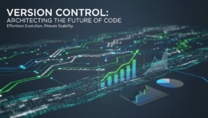 Gráfico conceitual de Git e Controle de Versão, com linhas interconectadas, dados de negócio e setas de fluxo, representando organização e eficiência em desenvolvimento de software.