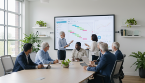 Equipe de gestão de produtos aplicando o Scrum Guide 2024 em um ambiente colaborativo