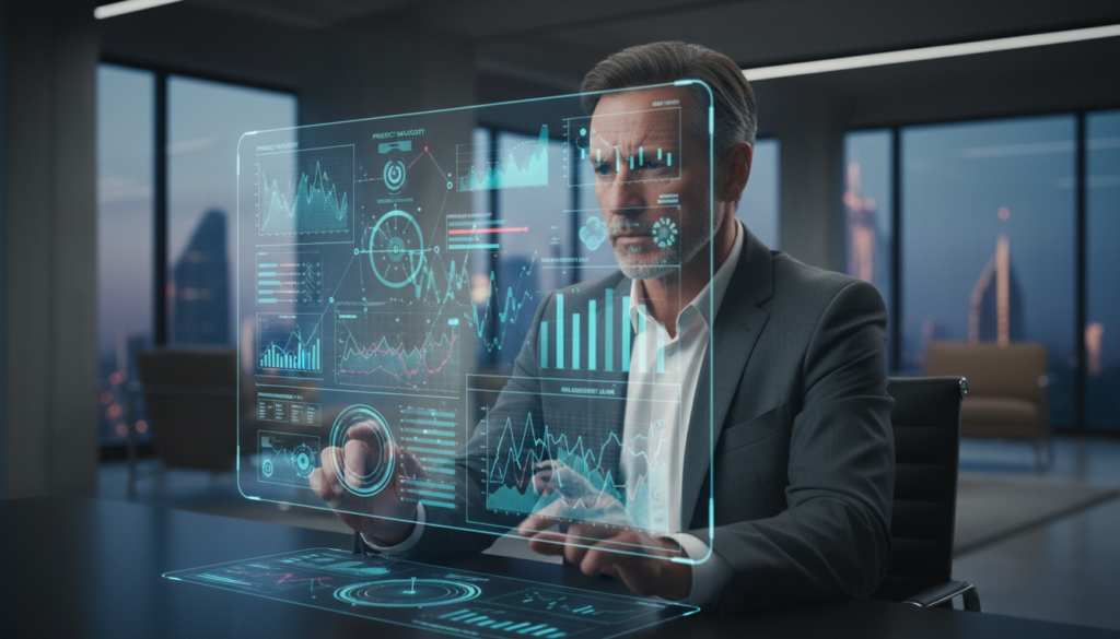 Homem de negócios analisando dashboard de KPIs, autoconhecimento e vieses cognitivos na gestão