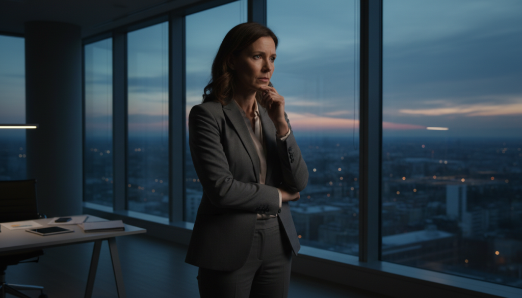 Executivo em posição de dúvida ou reflexão em escritório de alto padrão, simbolizando a Síndrome do Impostor em VPs e Diretores.