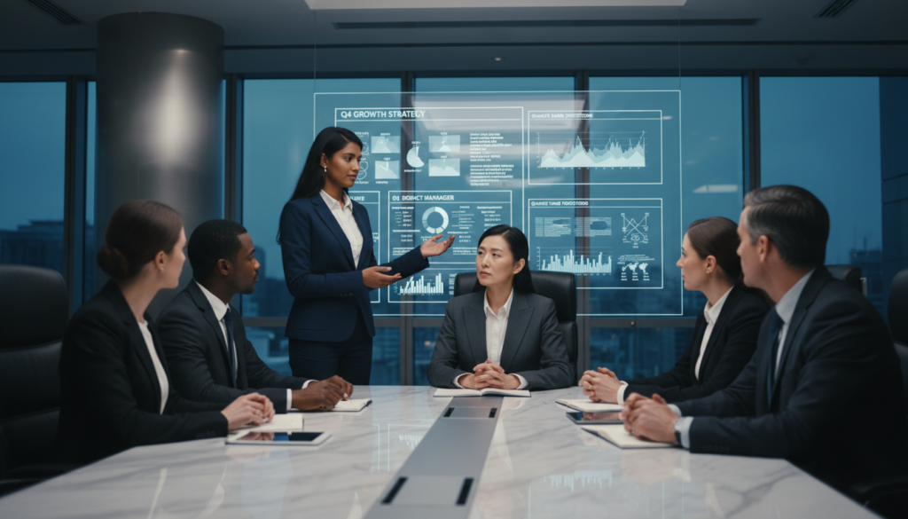 Product Manager apresentando dados ao CEO em reunião, assertividade, estratégia, gestão de stakeholders