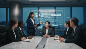 Product Manager apresentando dados ao CEO em reunião, assertividade, estratégia, gestão de stakeholders