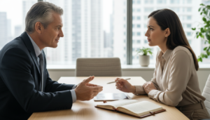Reunião One-on-One produtiva, líder sênior, colaborador, desenvolvimento profissional, comunicação empresarial, gestão de talentos