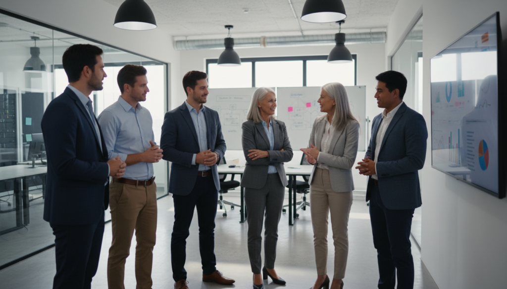 Líder sênior dando feedback positivo específico e baseado em dados para a equipe, demonstrando motivação e reconhecimento de impacto.