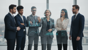 Equipe de gestão discutindo estratégias de transformação ágil e mudança cultural em ambiente corporativo moderno.