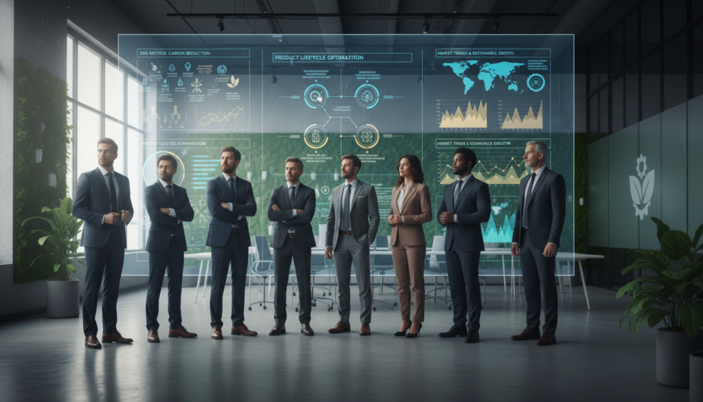 Equipe de gestão sênior avaliando métricas ESG para decisões de produto estratégico