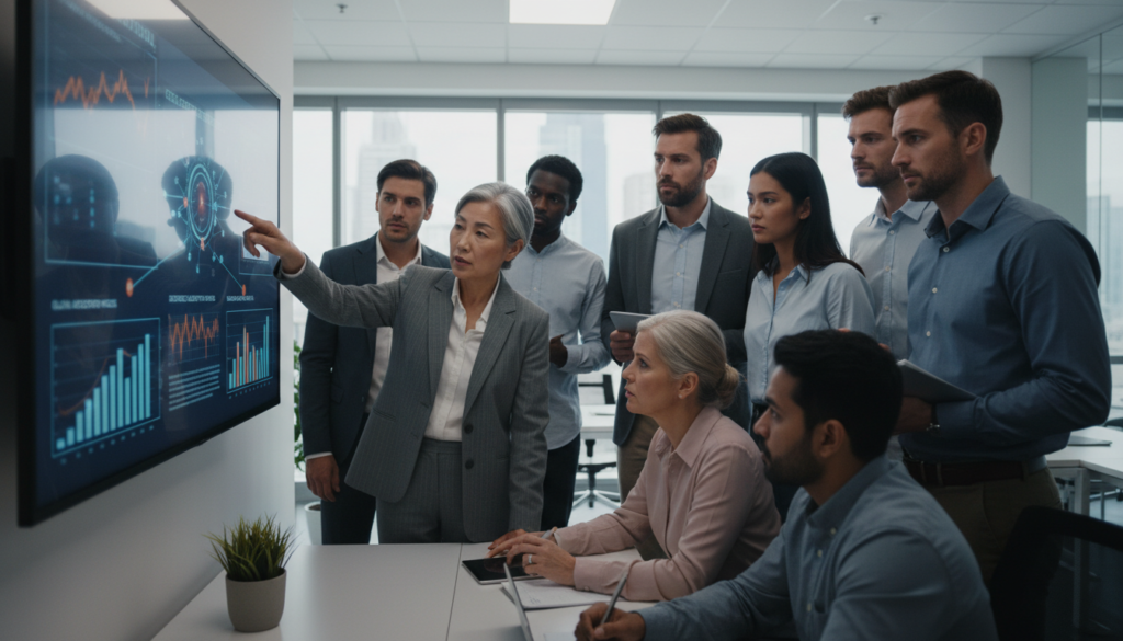 Profissionais em reunião estratégica, discutindo planos pós-crise, com foco em resiliência e motivação de equipe.