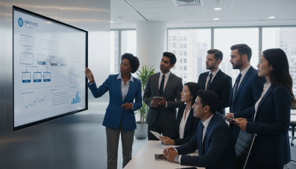 Executivos colaborando em estratégias de Employer Branding, discutindo dados em tela digital.