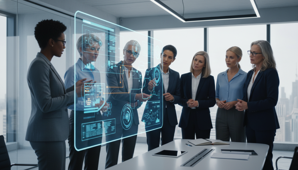 Mulheres líderes de tecnologia em reunião estratégica, analisando dados em tela grande.