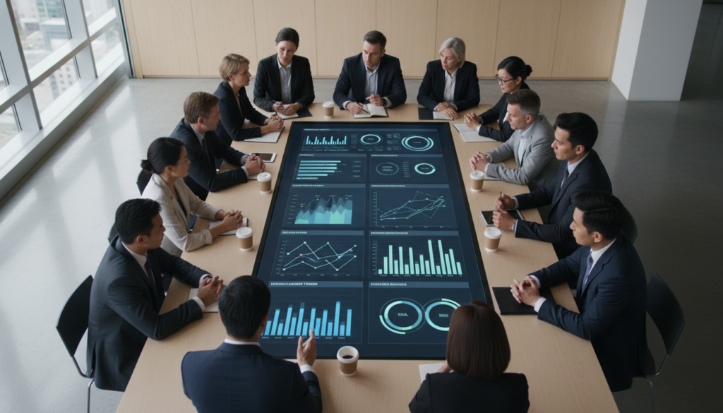 Executivos em reunião estratégica avaliando gráficos de risco e tendências de mercado em uma tela digital.