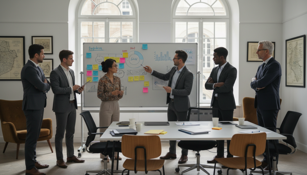 Grupo de líderes empresariais discutindo dados e estratégias de inovação em empresa tradicional.