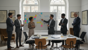 Grupo de líderes empresariais discutindo dados e estratégias de inovação em empresa tradicional.