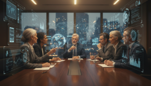 Reunião de conselho sobre IA, gestão de produtos e estratégia, futuro da inteligência artificial, transformação digital executiva