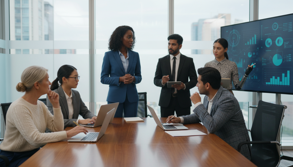 Reunião de feedback Radical Candor, líderes discutindo construtivamente