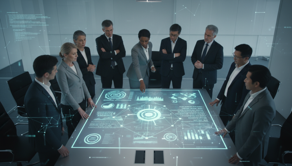 Reunião de conselho estratégico sobre implementação de IA Generativa em 2025, com foco em dados e inovação.