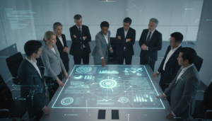 Reunião de conselho estratégico sobre implementação de IA Generativa em 2025, com foco em dados e inovação.