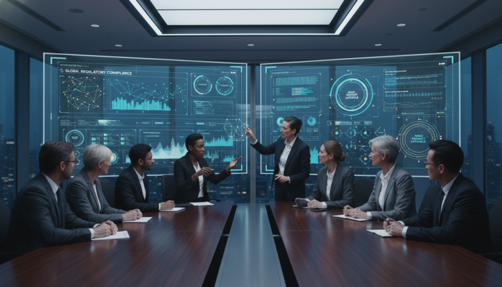 Gestores de produto e C-Levels revisando painéis de governança ágil e conformidade regulatória em softwares de gestão.