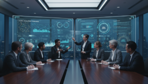 Gestores de produto e C-Levels revisando painéis de governança ágil e conformidade regulatória em softwares de gestão.