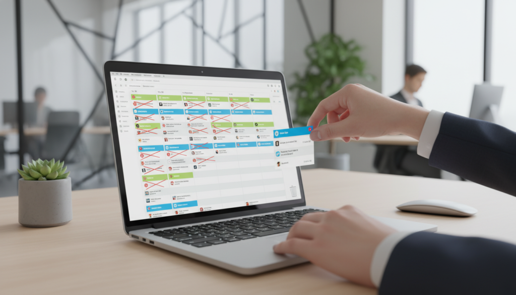 Mãos de gestor limpando backlog em software de gestão de projetos