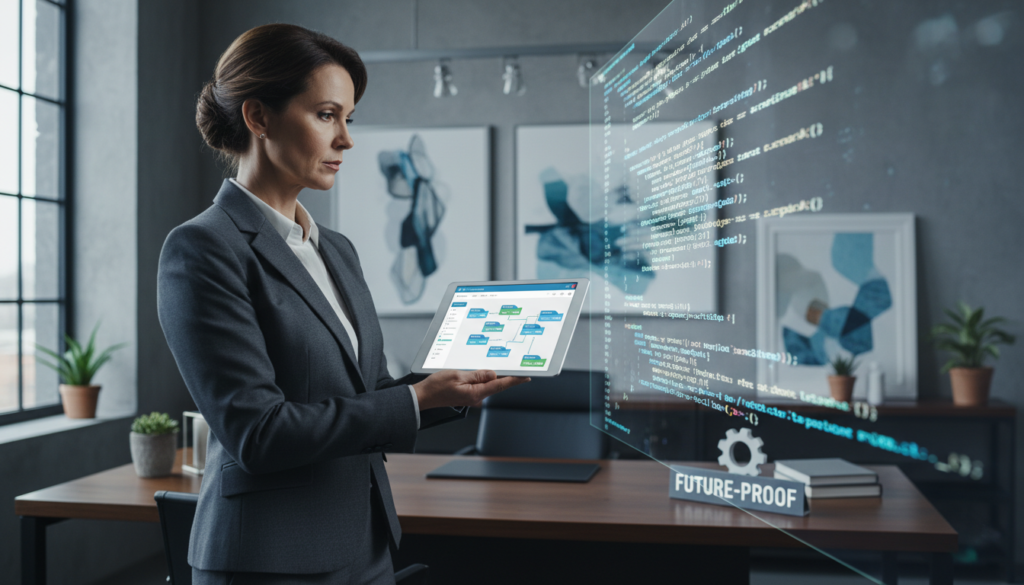 Executivo sênior analisando interface de plataforma low-code com código tradicional ao fundo