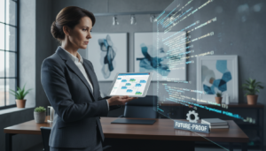 Executivo sênior analisando interface de plataforma low-code com código tradicional ao fundo