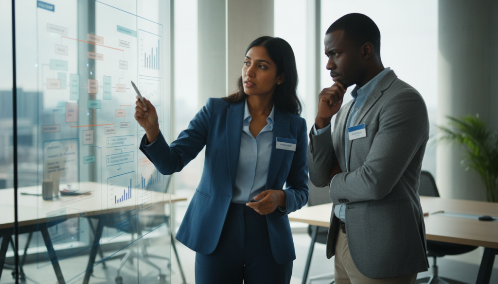 Profissionais de produto e engenharia colaborando para resolver conflitos e alinhar estratégias em um ambiente de trabalho tecnológico.