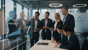 Dashboard de PMF com métricas de retenção, NPS e LTV/CAC sendo analisadas por equipe de liderança