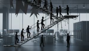 Escada da carreira em tecnologia, vieses na meritocracia, ascensão profissional, desafios de gestão em tech, ambiente de trabalho justo