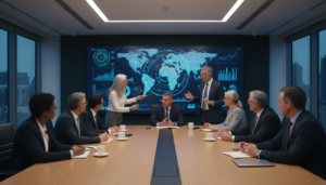 Equipe de gestão sênior alinhando stakeholders em reunião estratégica sobre projetos e produtos.