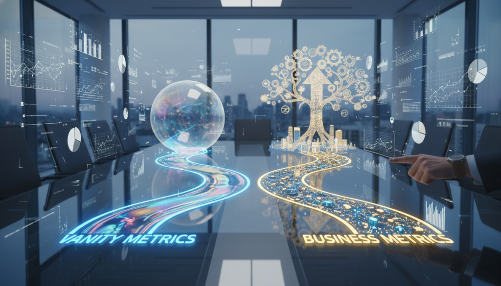 Gráfico comparando métricas de vaidade e métricas de negócio, com foco na escolha estratégica de indicadores de desempenho.
