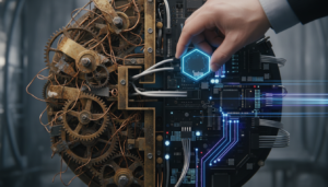 Ilustração da modernização de sistemas legados, com componentes antigos e novos se integrando para representar transformação digital e sustentabilidade tecnológica.