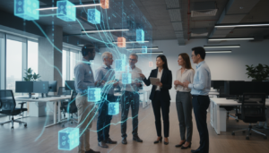 Gestores e C-Levels discutindo a implementação de Docker e containers para eficiência em projetos de software.