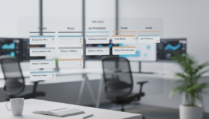 Quadro Kanban com WIP Limits, Gestão de Projetos, Fluxo de Trabalho, Eficiência Operacional, Metodologia Ágil