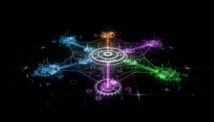 Diagrama abstrato de interconexões entre times de engenharia, simbolizando a gestão de dependências e a otimização de fluxo de trabalho.