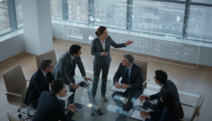 Equipe de liderança analisando pipeline de sucessão e desenvolvimento de talentos para garantir a resiliência empresarial e a atração de investidores.