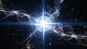 Bússola guiando engrenagens e fluxos, simbolizando os princípios da PMBOK 7ª Edição em gestão ágil de projetos.